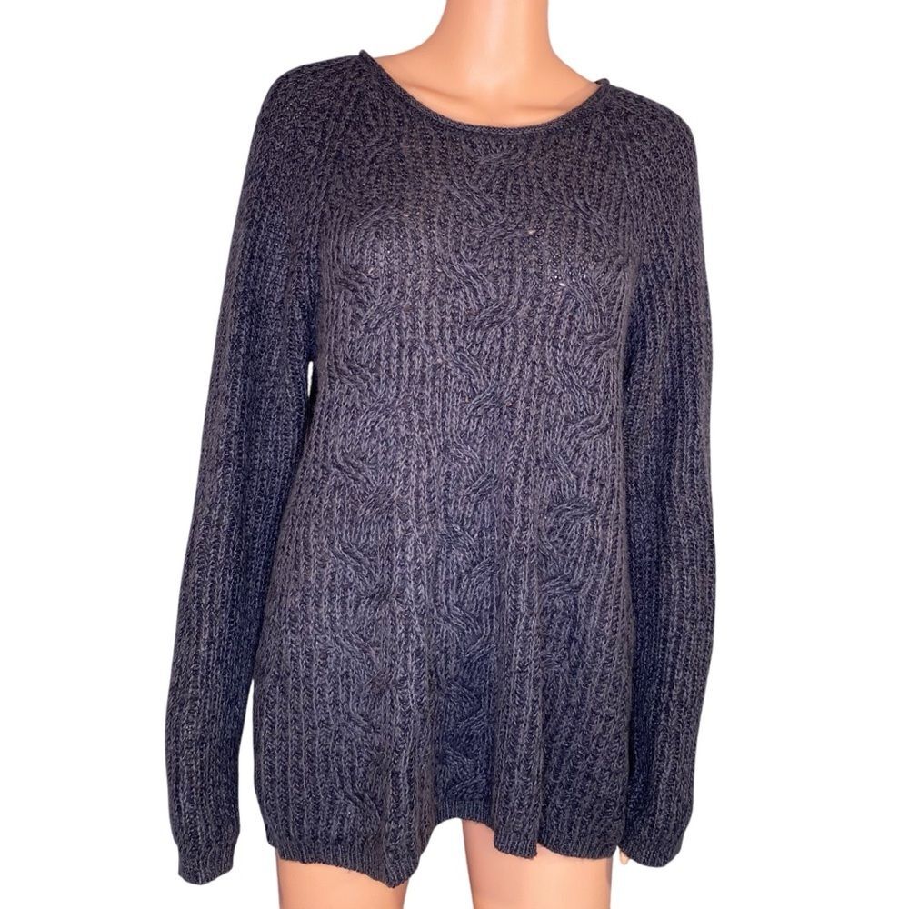 Sonoma Cable Knit Sweater Charcoal Gray Crew Neck Oversized Soft Cozy Size LG
